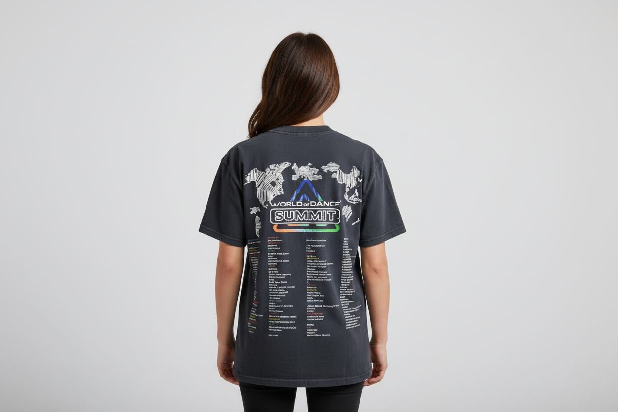 2025 World of Dance Summit Shirt Back View on Female Model