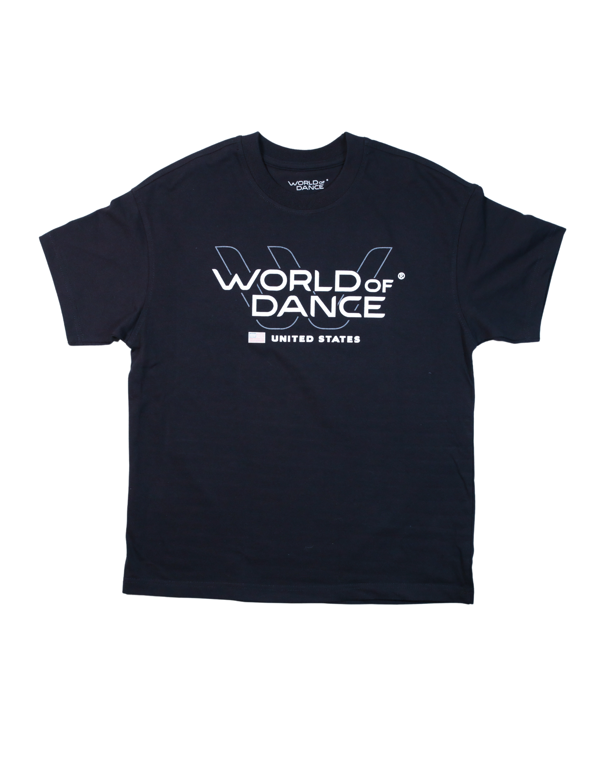 Black t-shirt with 'World of Dance United States' text on a white background
