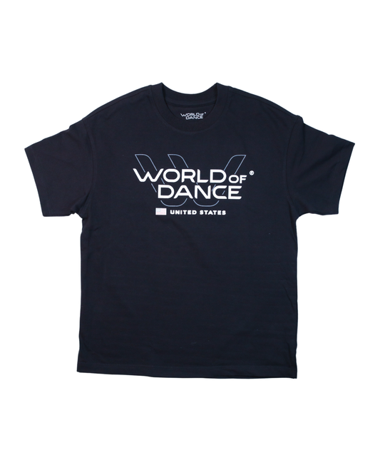 Black t-shirt with 'World of Dance United States' text on a white background