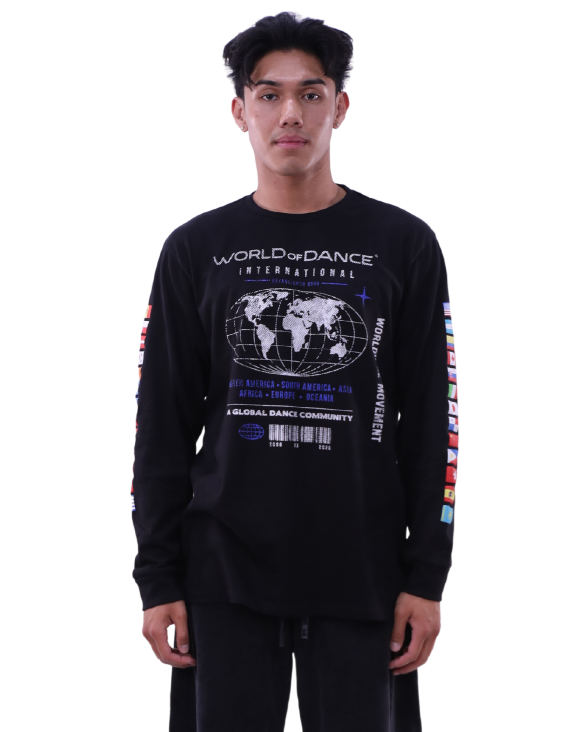 Person wearing a black 'World of Dance' long-sleeve shirt with a world map design on a white background